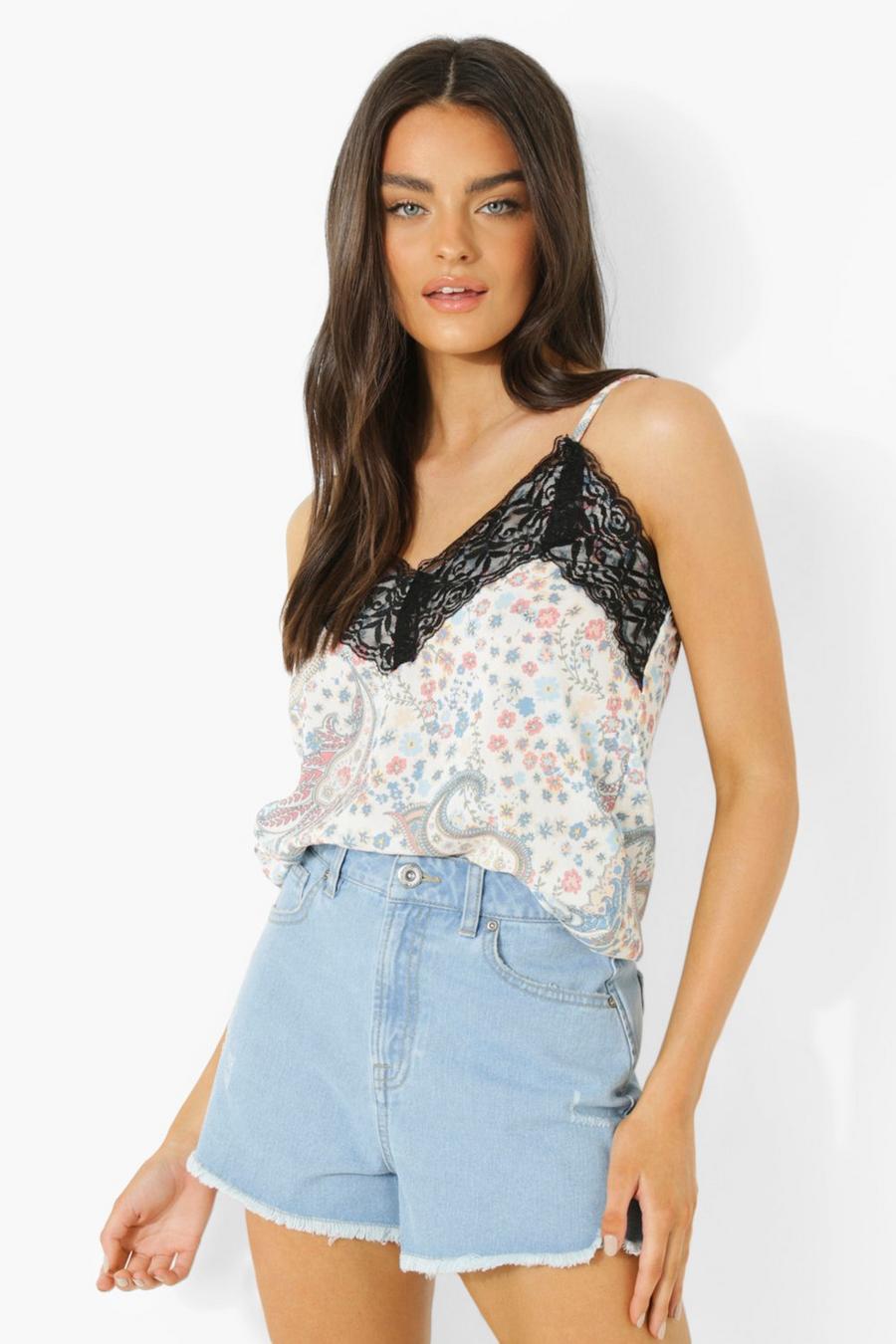 White Paisley Print Lace Trim Cami Top image number 1