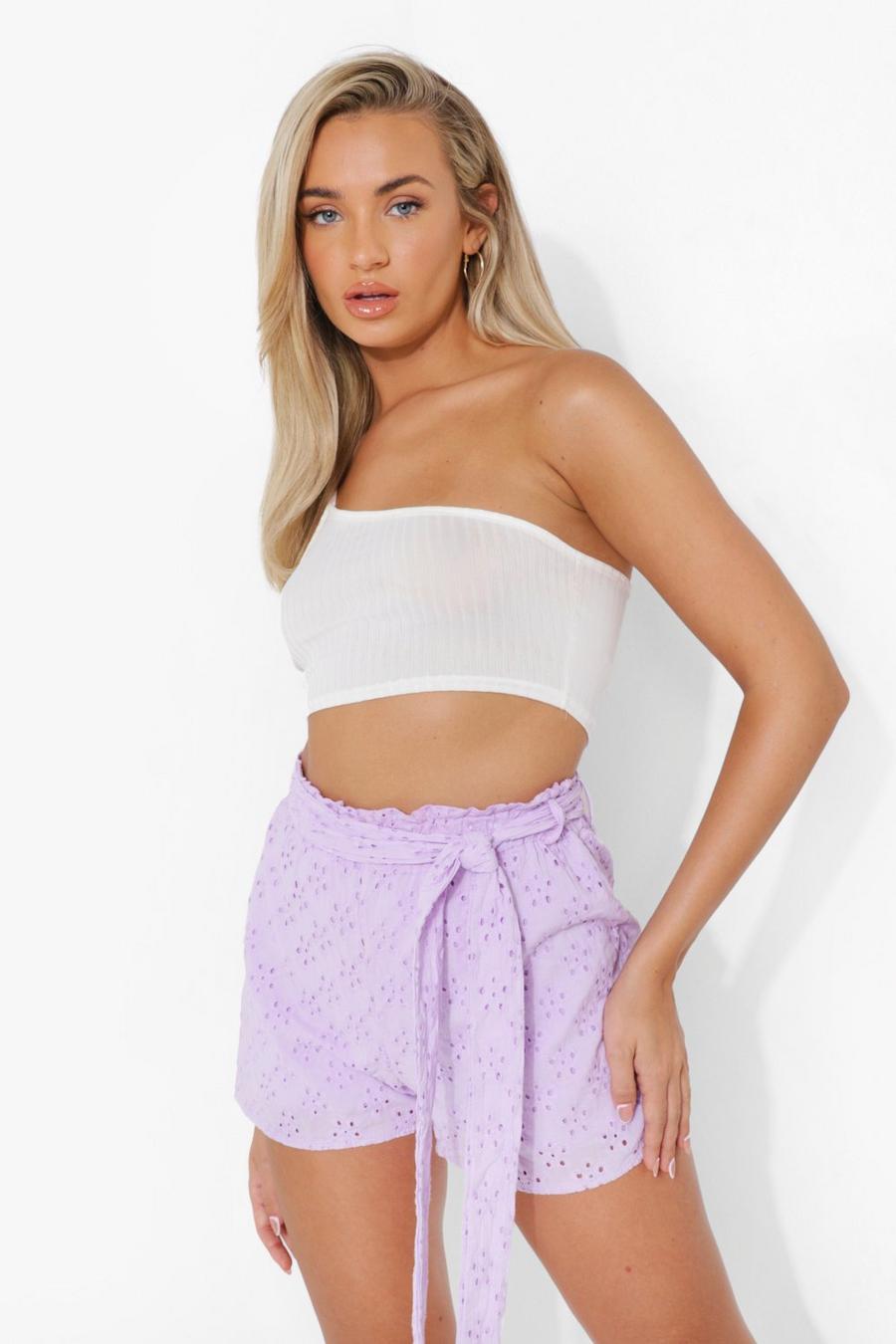 Lilac Broderie Anglaise Belted Shorts image number 1