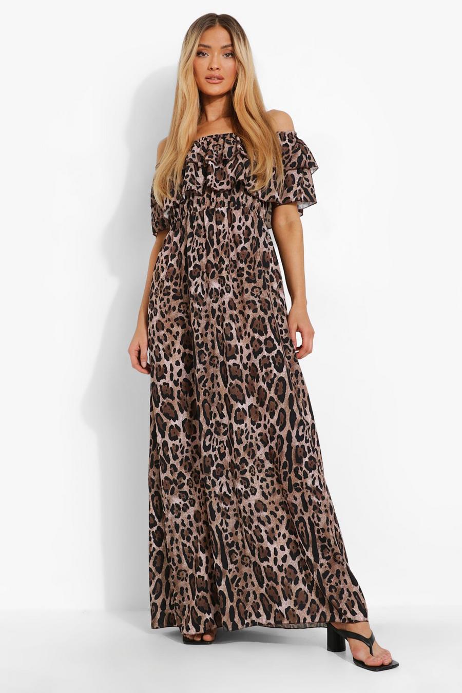 Brown Leopard Bardot Double Layer Maxi Dress image number 1