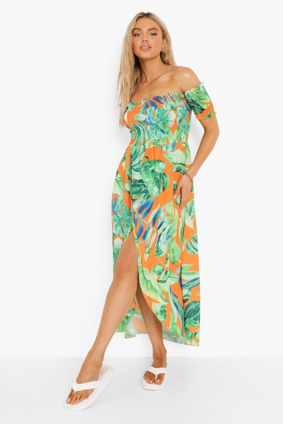 Orange Palm Print Shirred Off The Shoulder Maxi Dress image number 1