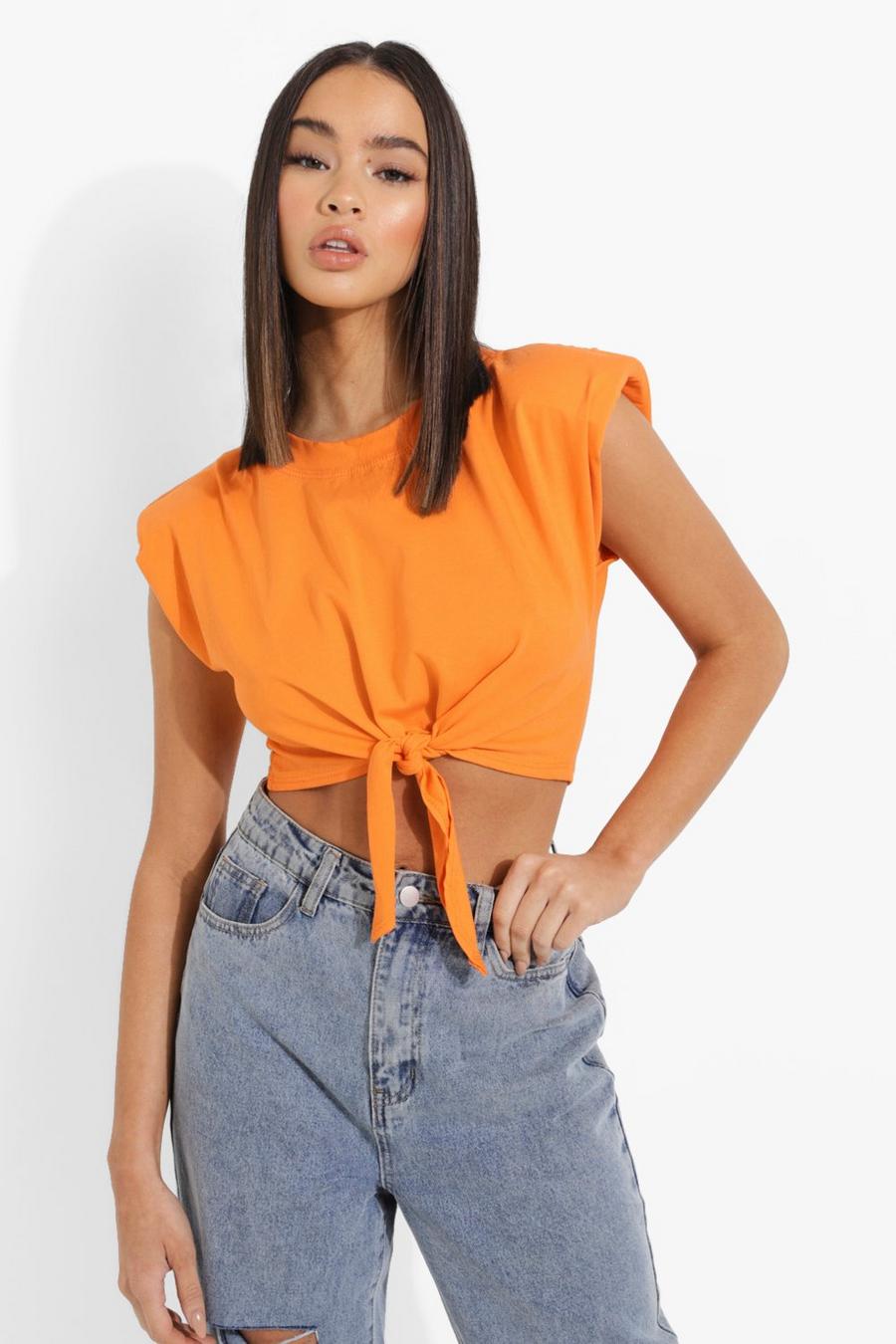 Orange Padded Should Tie Front Crop T Shirt image number 1