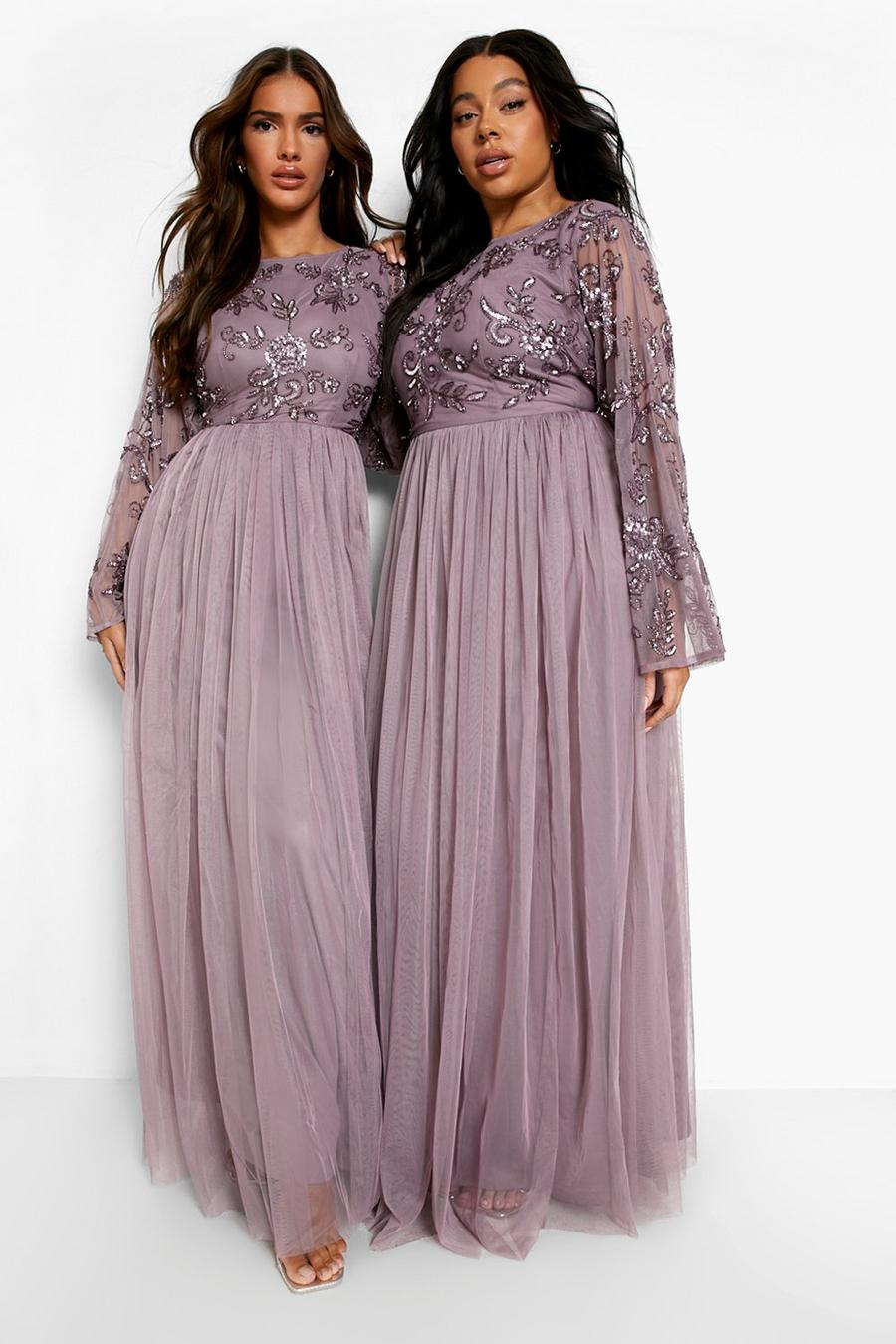 Mauve Bridesmaid Hand Embellished Long Sleeve Maxi image number 1