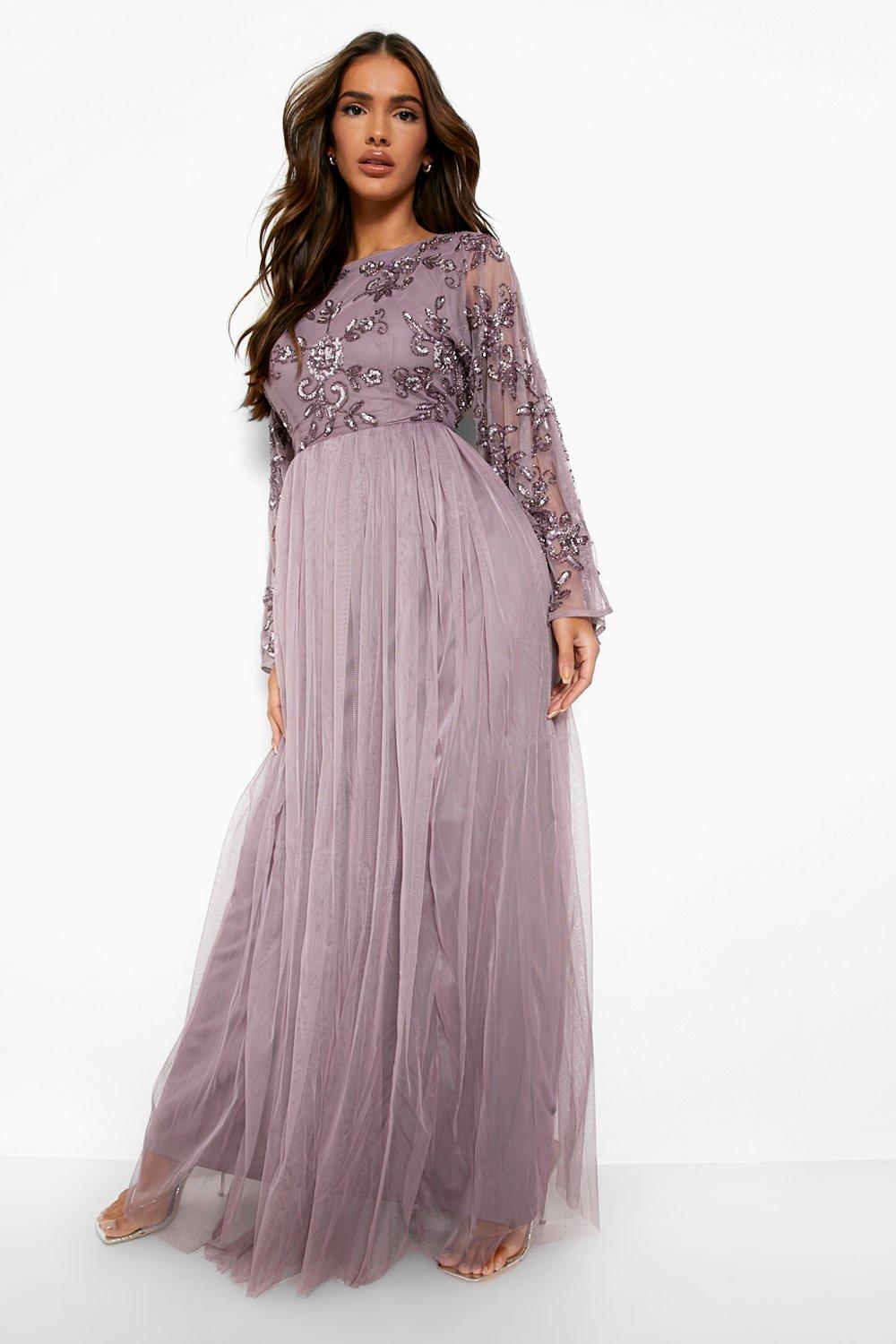 Mauve long store sleeve bridesmaid dresses