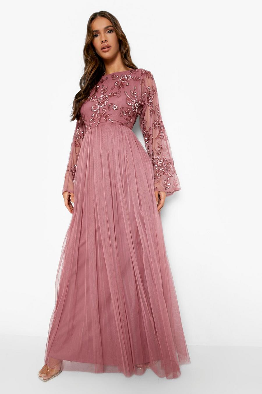 Rose rosa Långärmad långklänning med smyckestenar image number 1