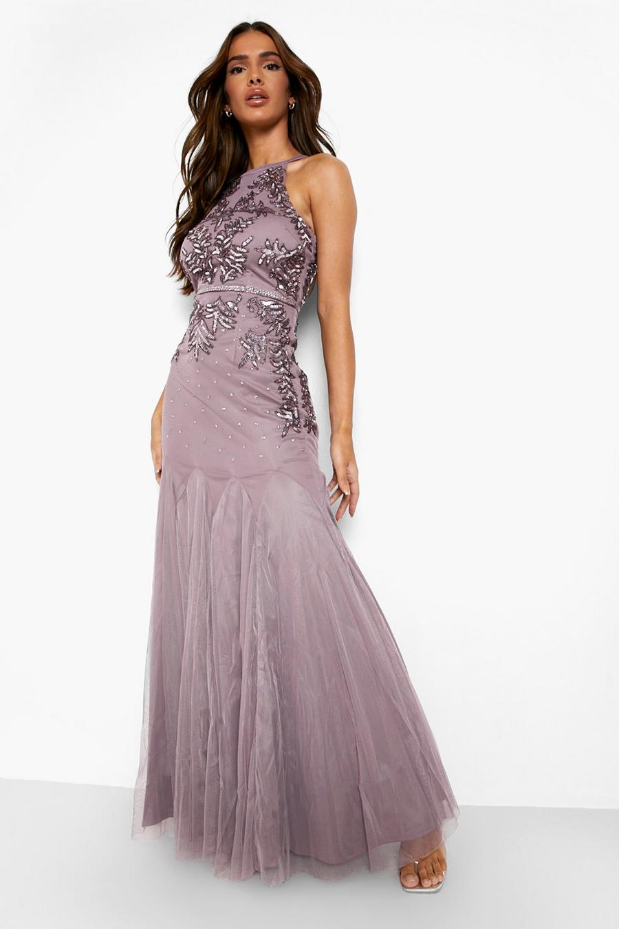 Mauve violett Bridesmaid Hand Embellished Halter Maxi Dress