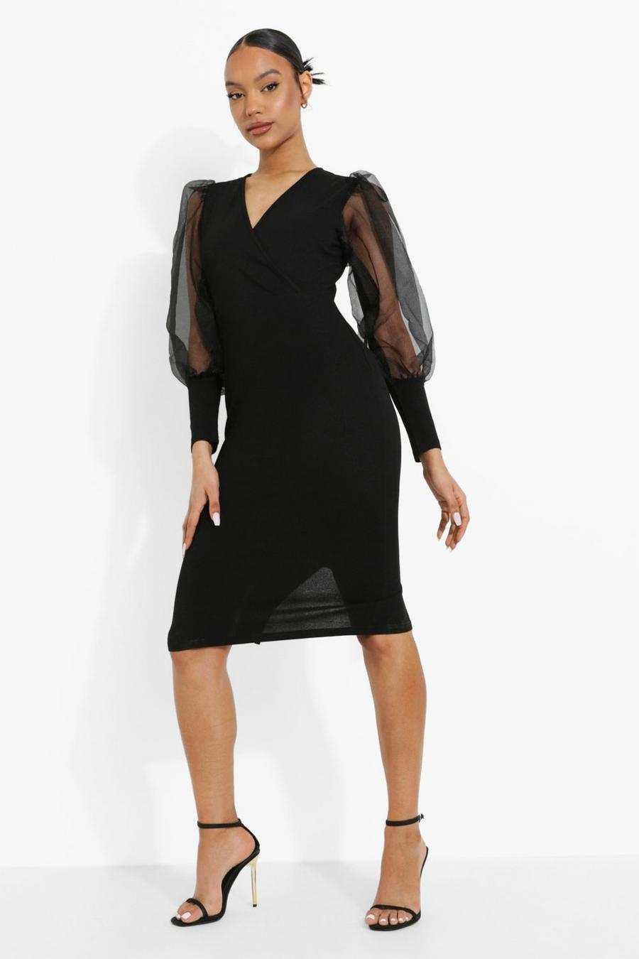 Black Midiklänning med puffärm i mesh image number 1