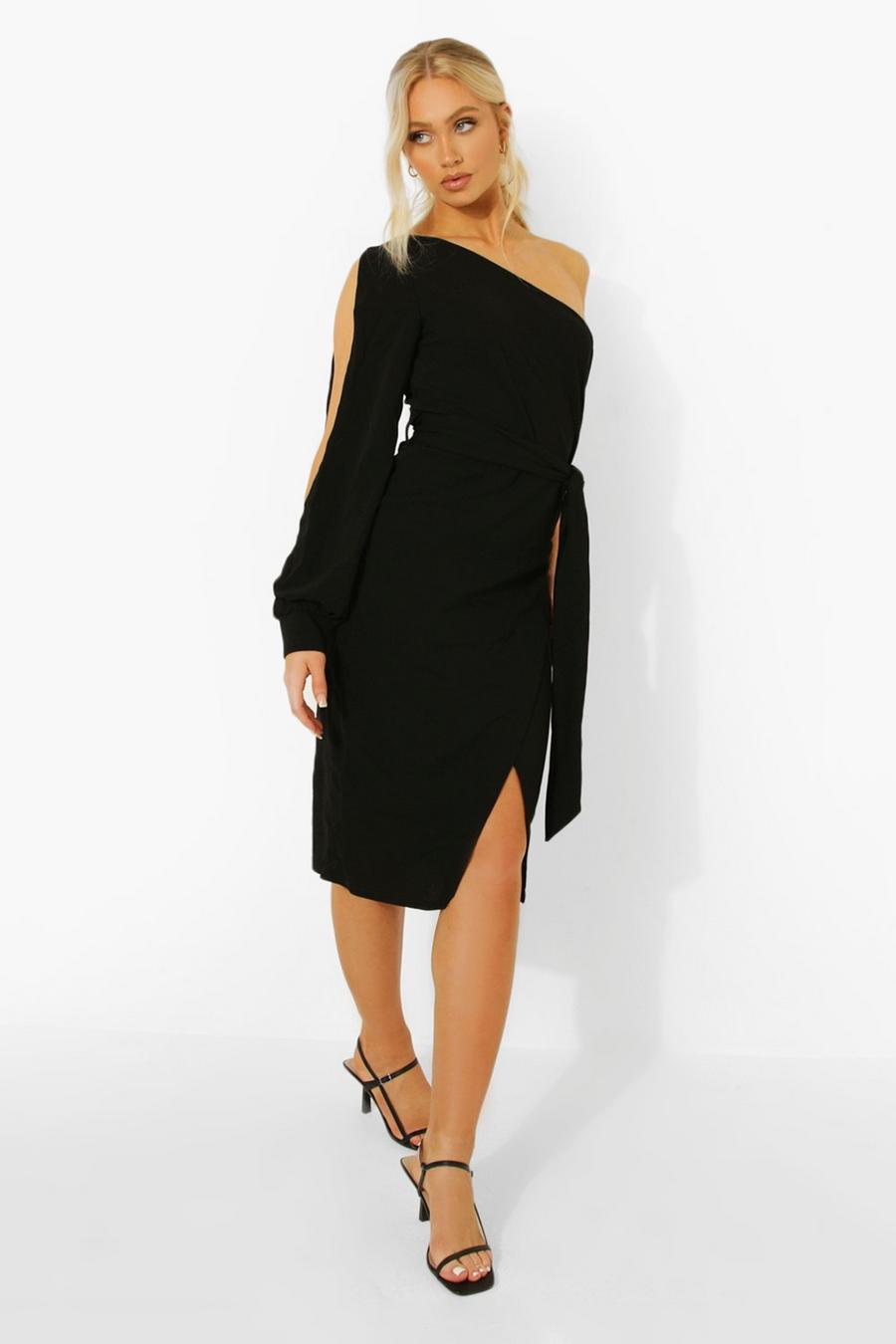 Black One Shoulder Split Sleeve Midi Dress image number 1