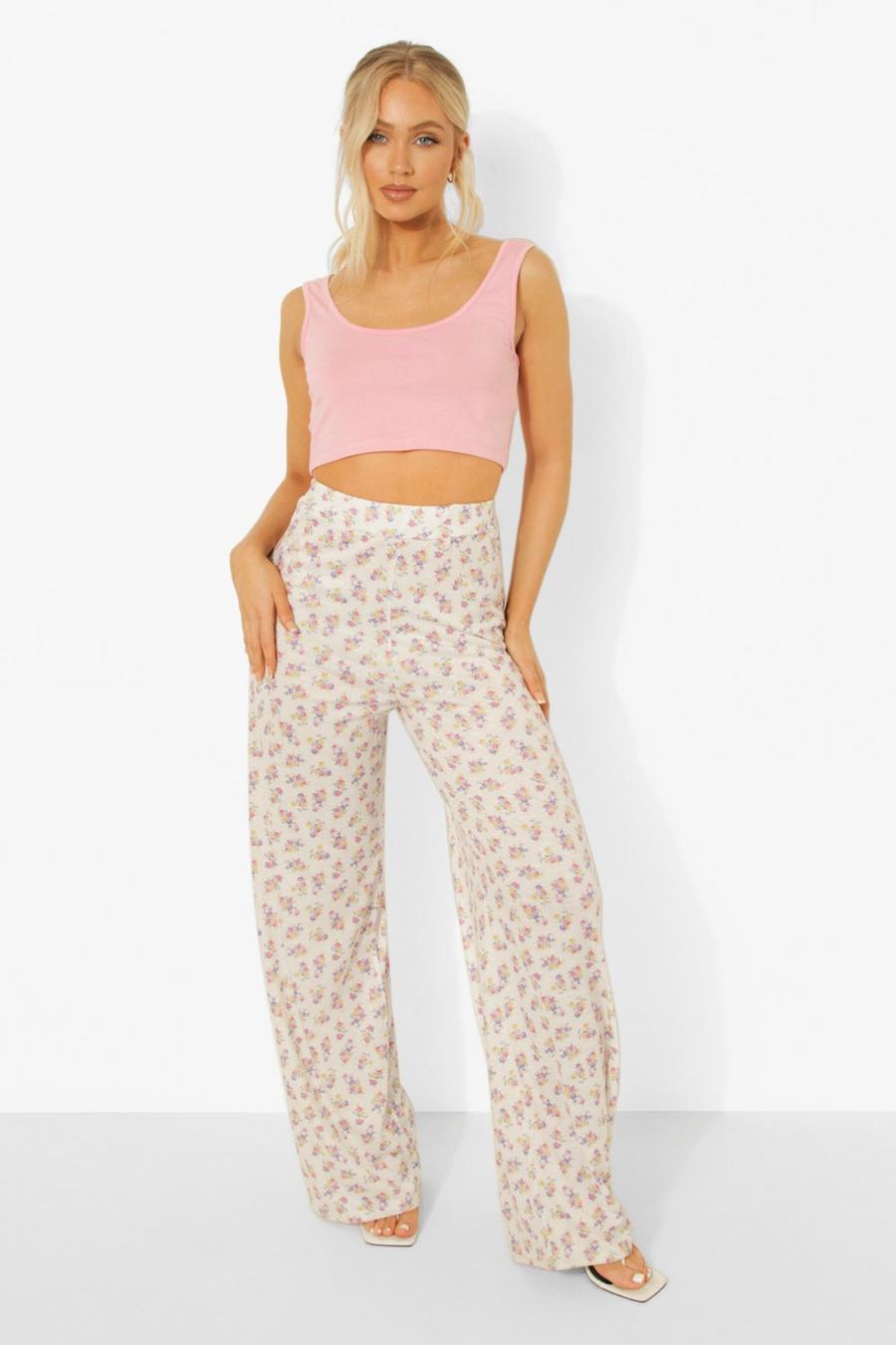 White Ditsy Floral Wide Leg Trousers image number 1