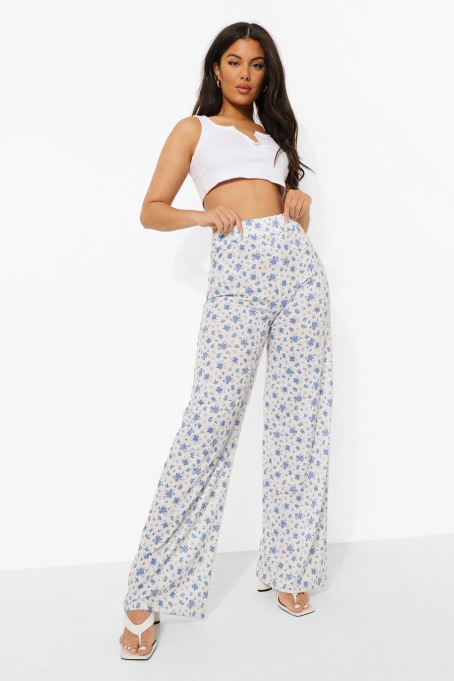 White Ditsy Floral Wide Leg Trousers image number 1