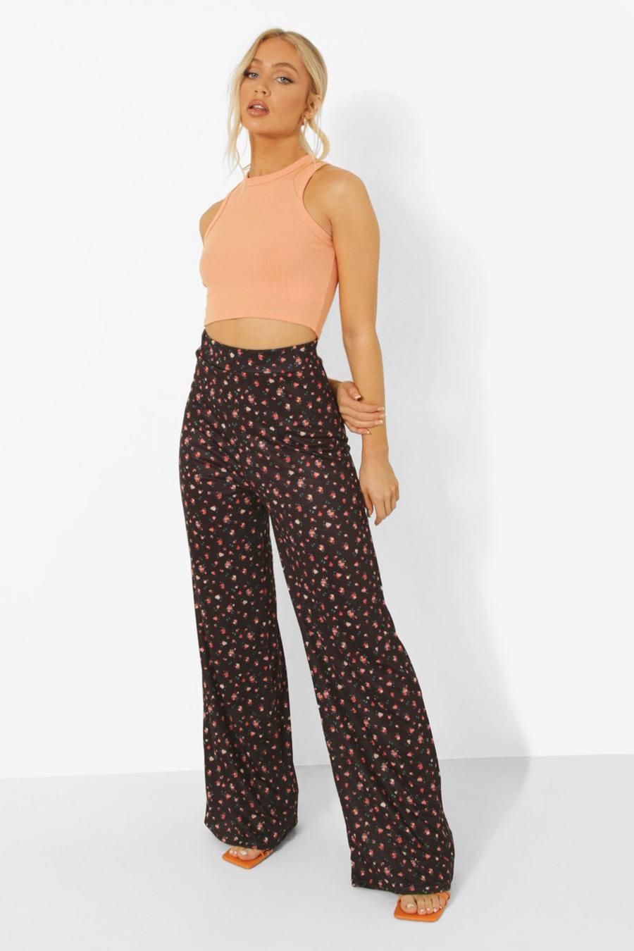 Black Ditsy Floral Wide Leg Trousers image number 1