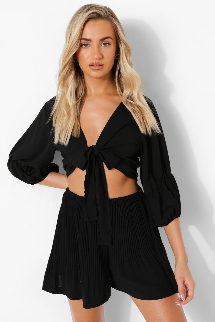 Black Woven Knot Crop Top & Pleated Shorts Set image number 1