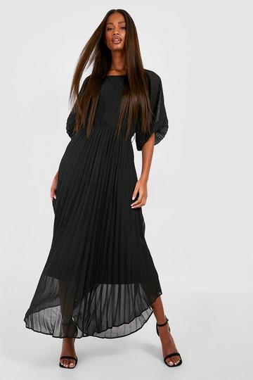 Black Pleated Puff Sleeve Midi Dress