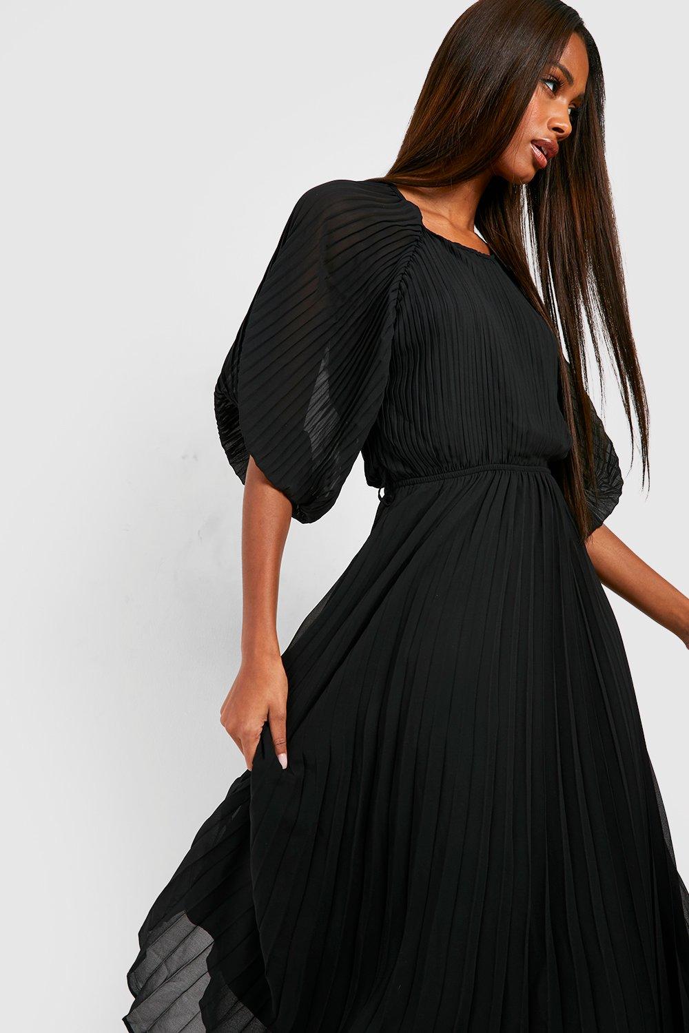 Pleated Puff Sleeve Midi Dress boohoo UK