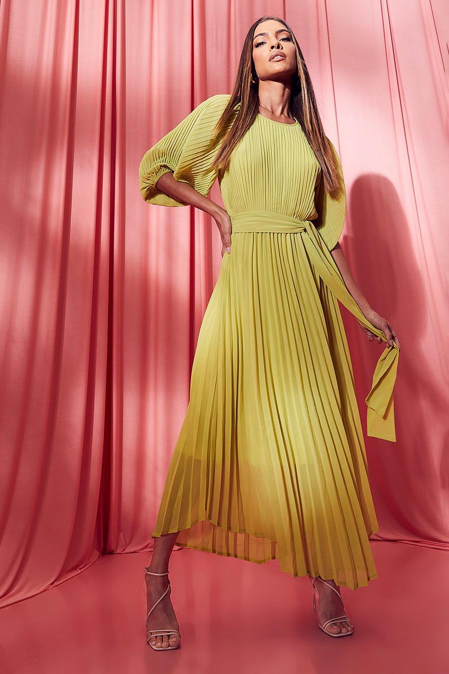 Chartreuse yellow Pleated Puff Sleeve Midi Dress image number 1