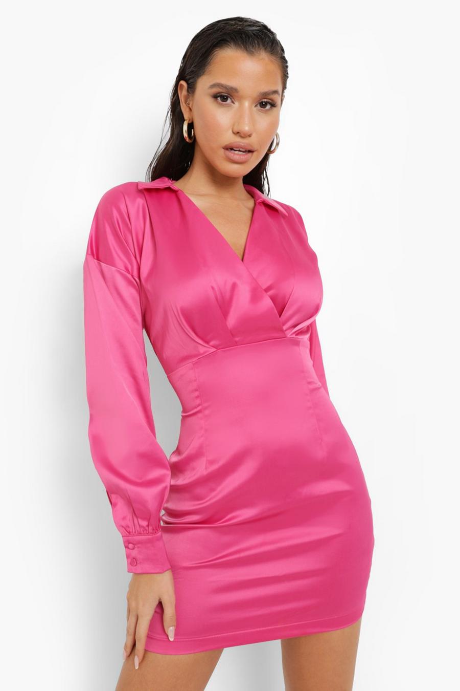 Pink Skjortklänning i satin med omlott image number 1