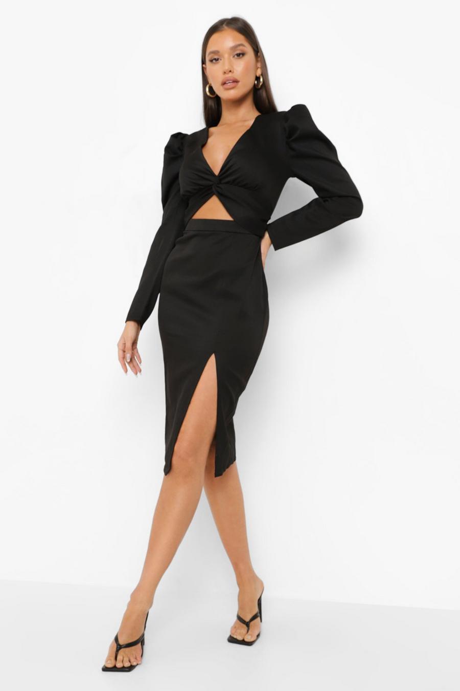 Black Puff Sleeve Side Split Midi Dress image number 1