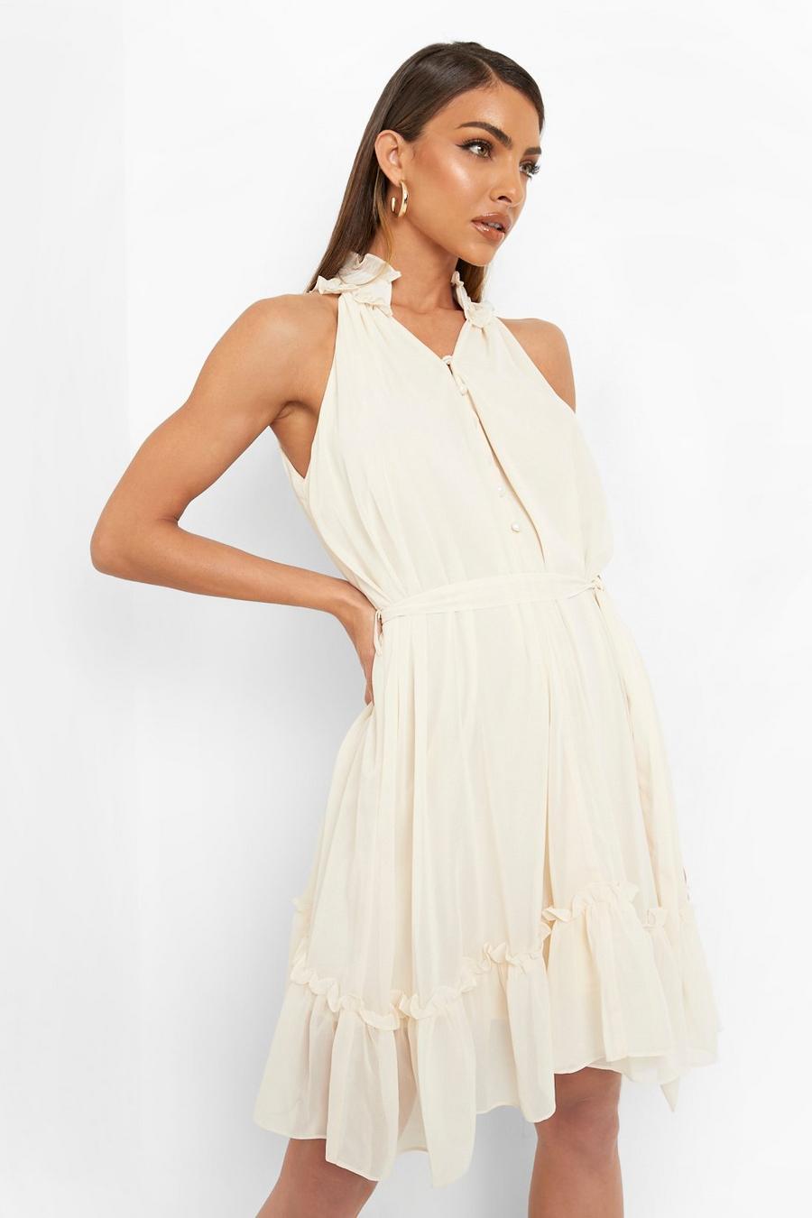 Champagne Sleeveless Belted Ruffle Skater Dress image number 1