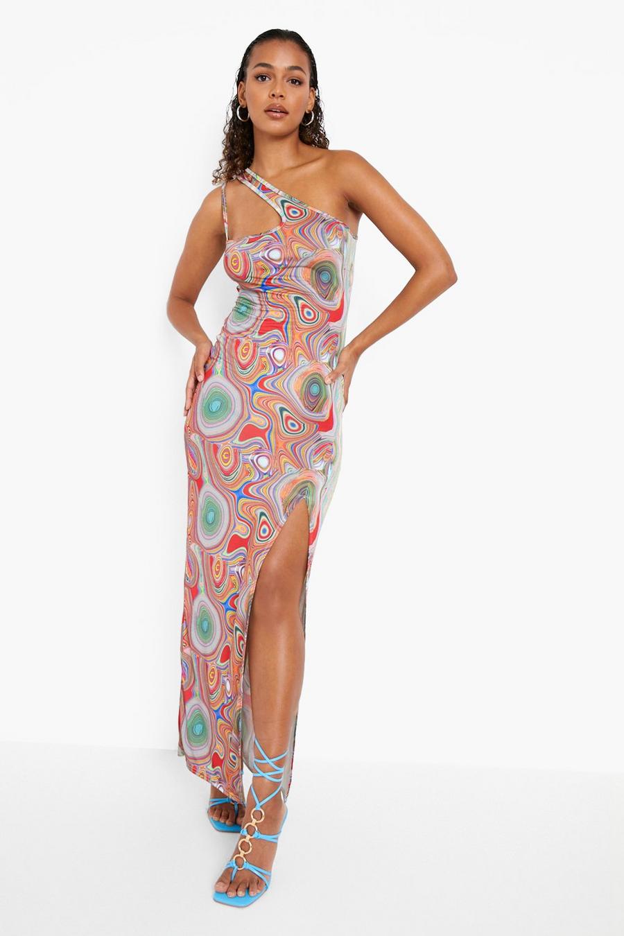 Pink Slinky Psychedelic Asymmetric Maxi Dress image number 1