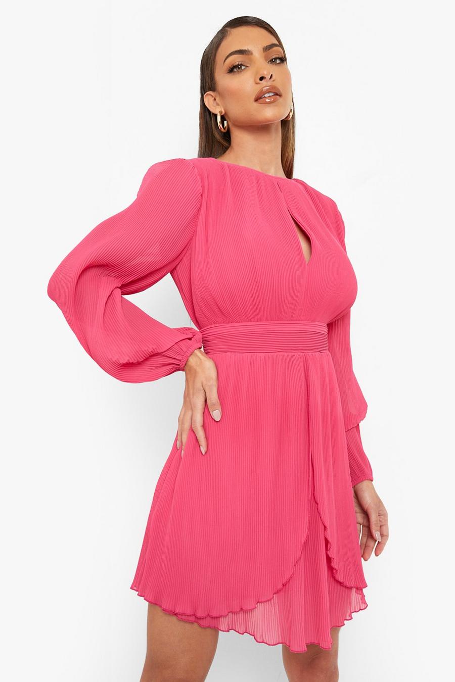 Hot pink Pleated Cut Out Skater Dress