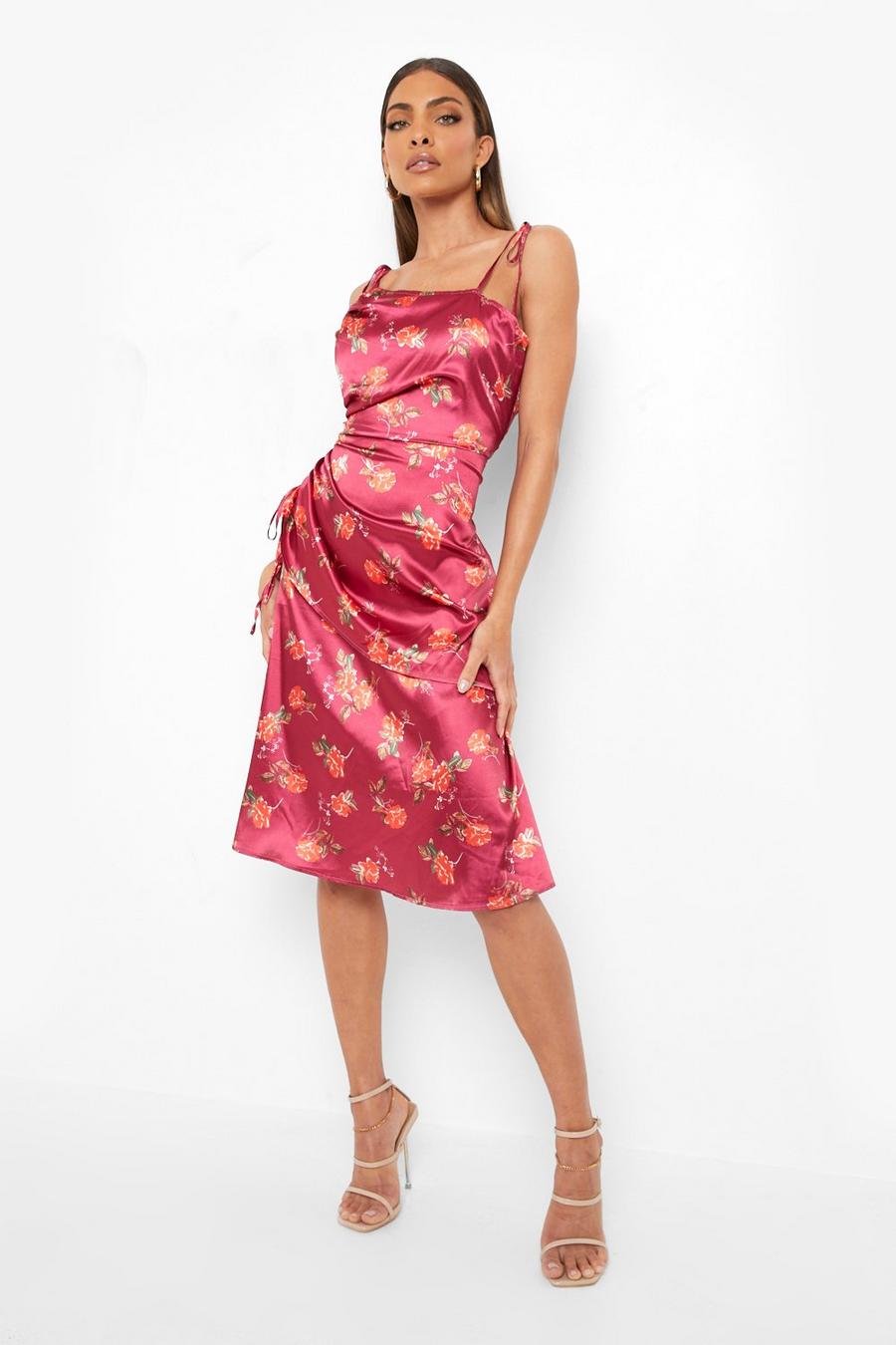 Raspberry Floral Print Ruched Detail Midi Dress image number 1