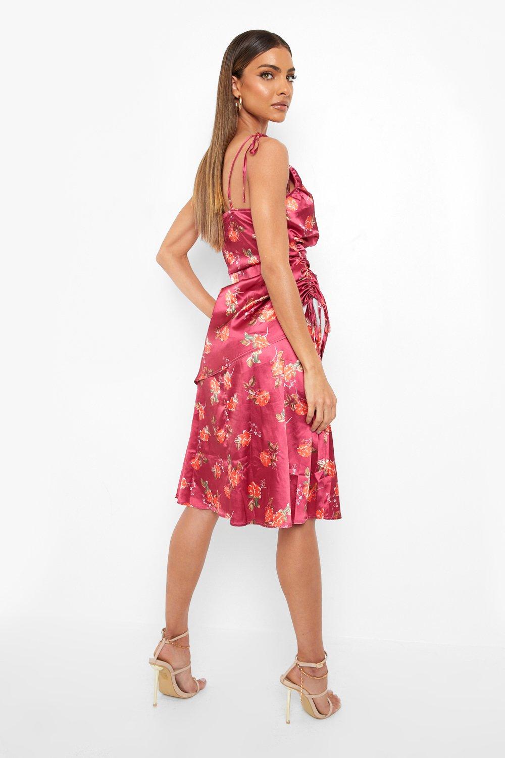 Women s Floral Print Ruched Detail Midi Dress Boohoo UK