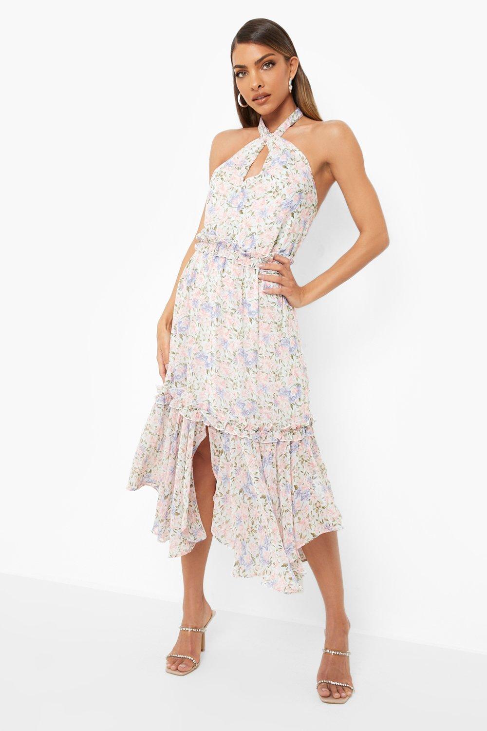 Women s Floral Print Halterneck Midi Dress Boohoo UK