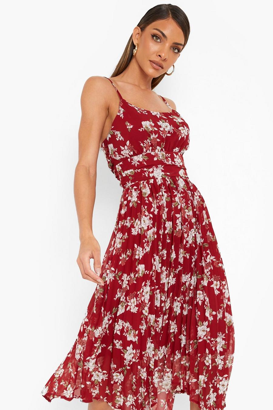 Red Pleated Floral Print Strappy Midi Dress image number 1