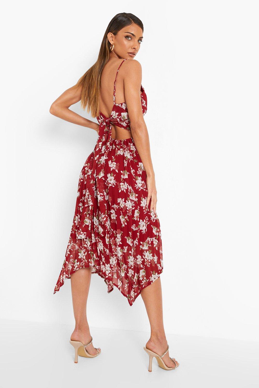 Pleated Floral Print Strappy Midi Dress