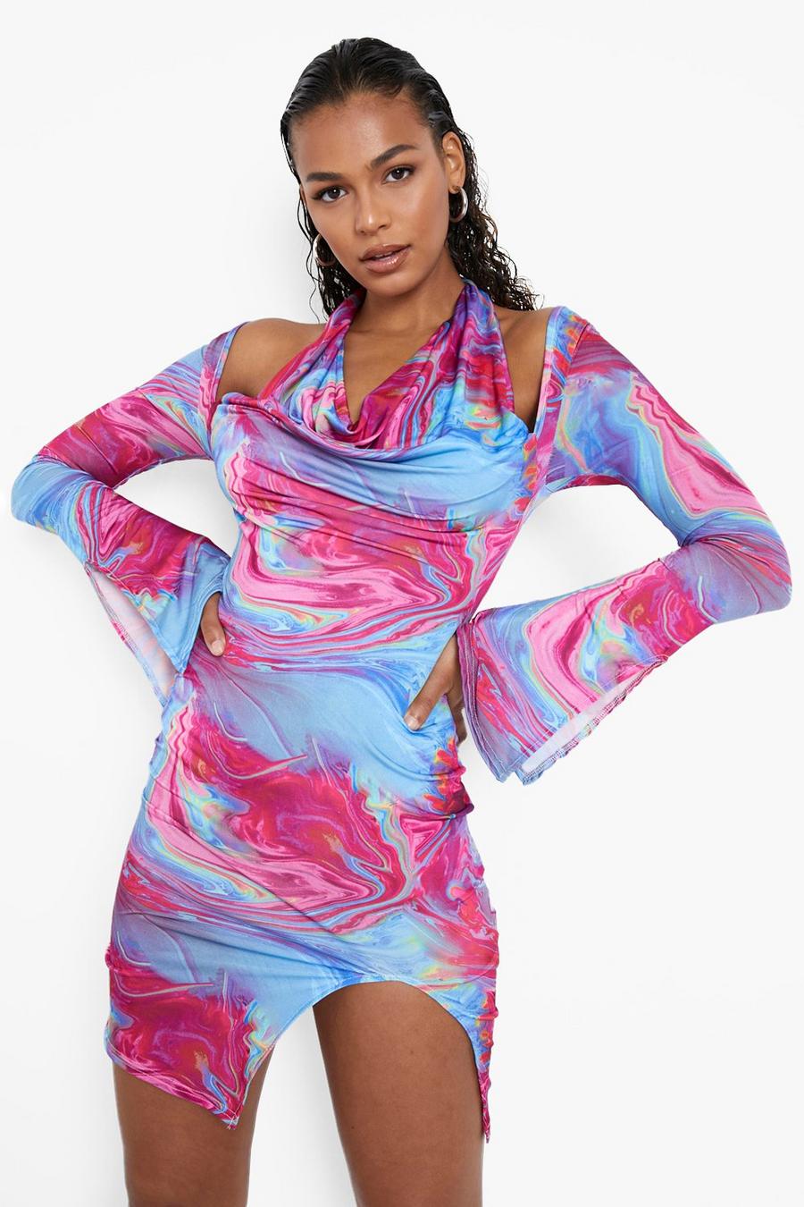 Hot pink Slinky Tie Dye Halterneck Mini Dress image number 1