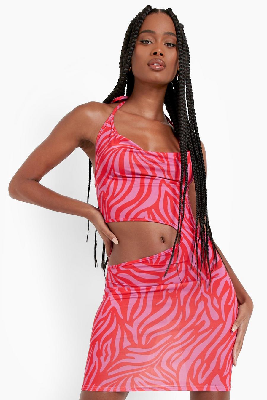 Hot pink Slinky Animal Cowl Neck Cut Out Mini Dress image number 1