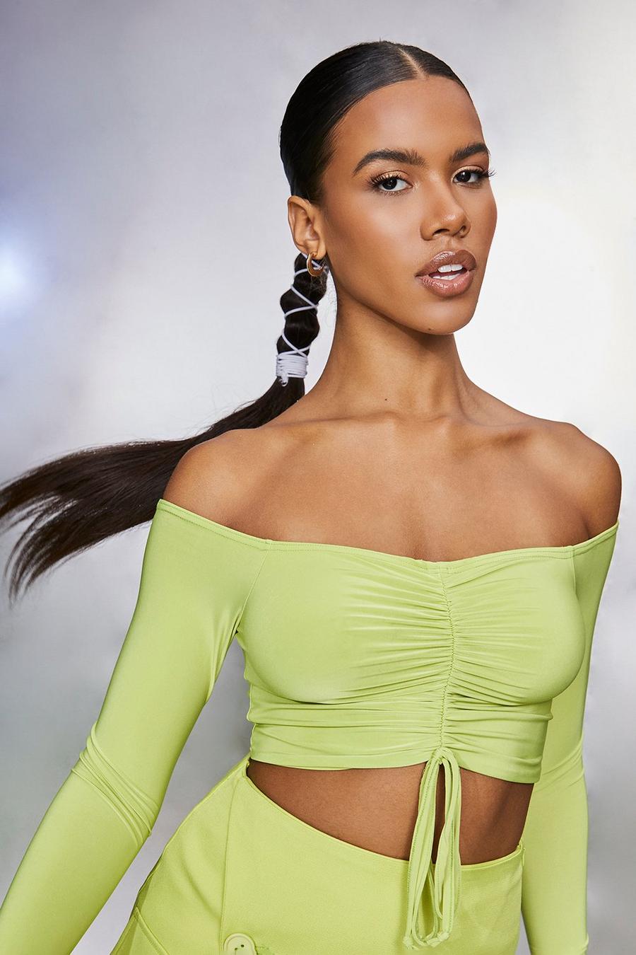 Lime Double Layer Ruched Off The Shoulder Crop Top image number 1