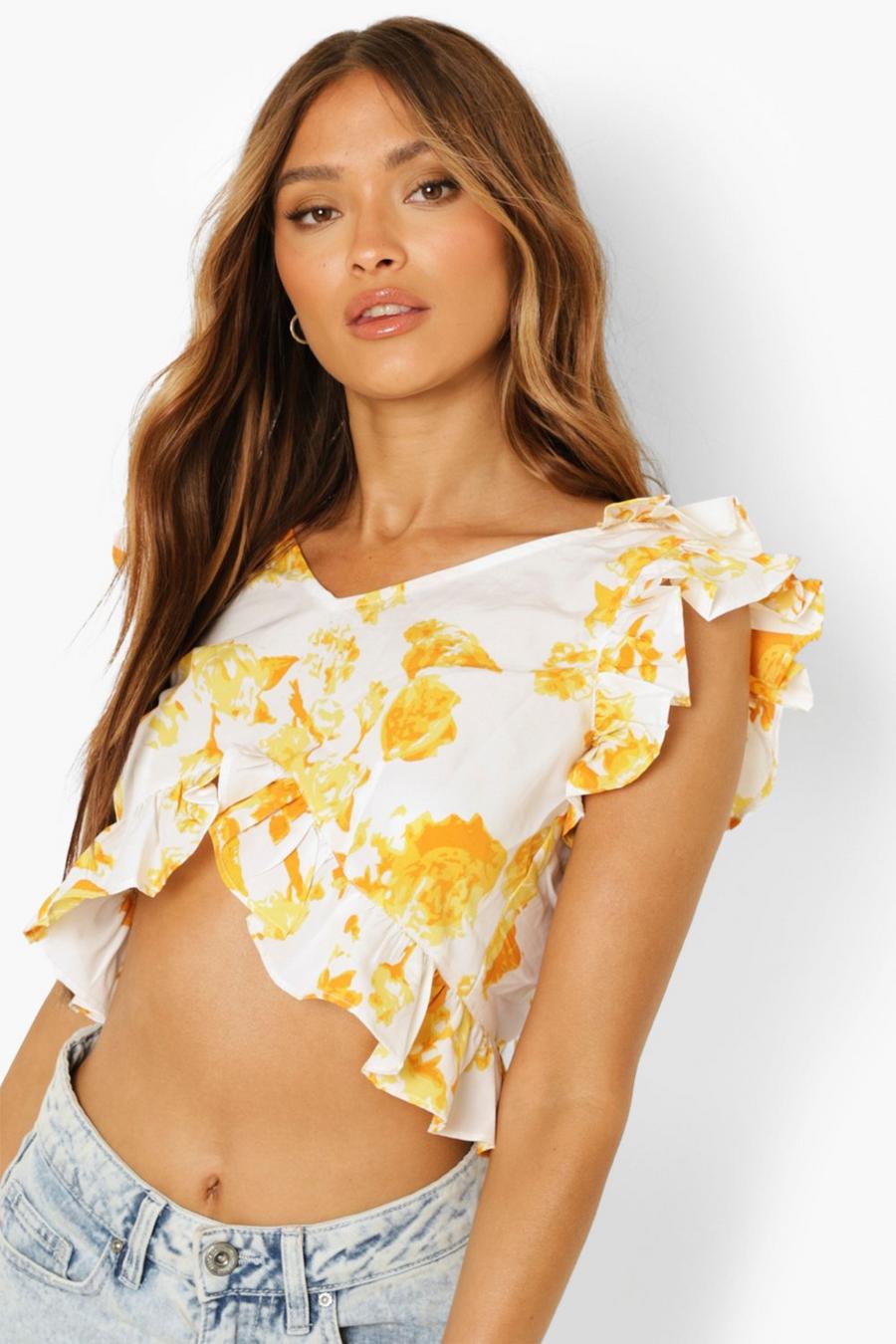 Yellow Ruffle Detail Tie Back Floral Crop Top image number 1