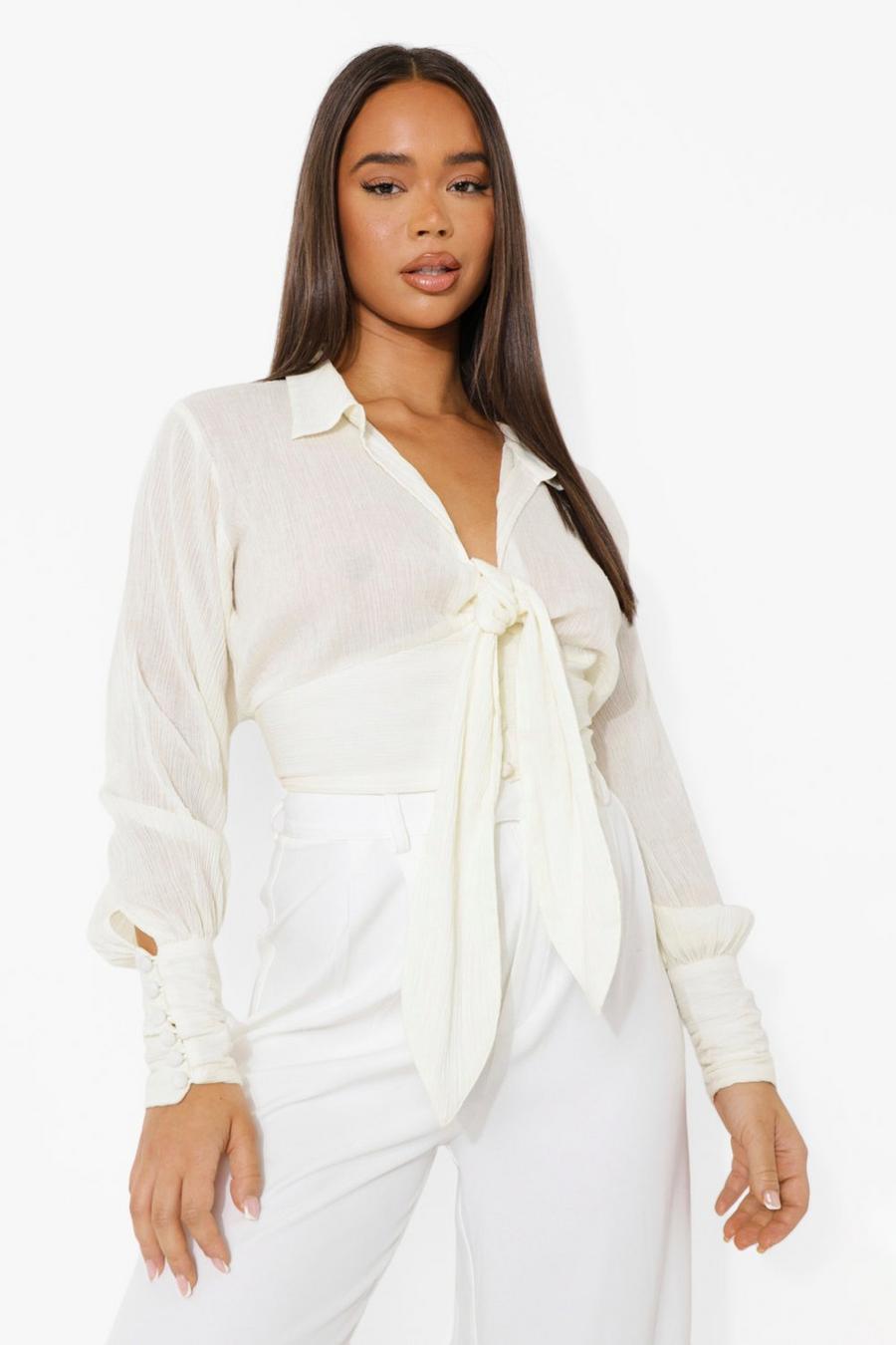 Ecru Cheesecloth  Tie Front Blouse image number 1