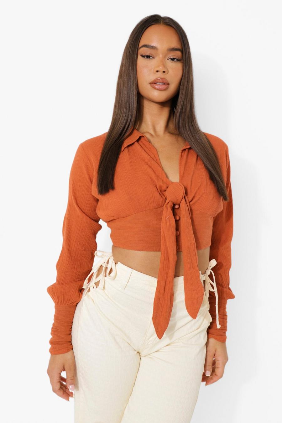 Rust Cheesecloth  Tie Front Blouse image number 1