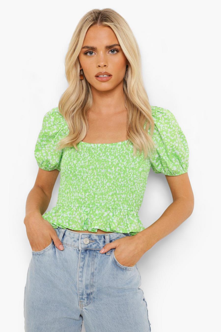 Green Floral Sheered Puff Sleeve Crop Top image number 1
