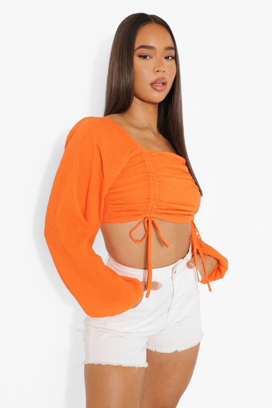 Orange Ruched Puff Sleeve Cheesecloth Top image number 1
