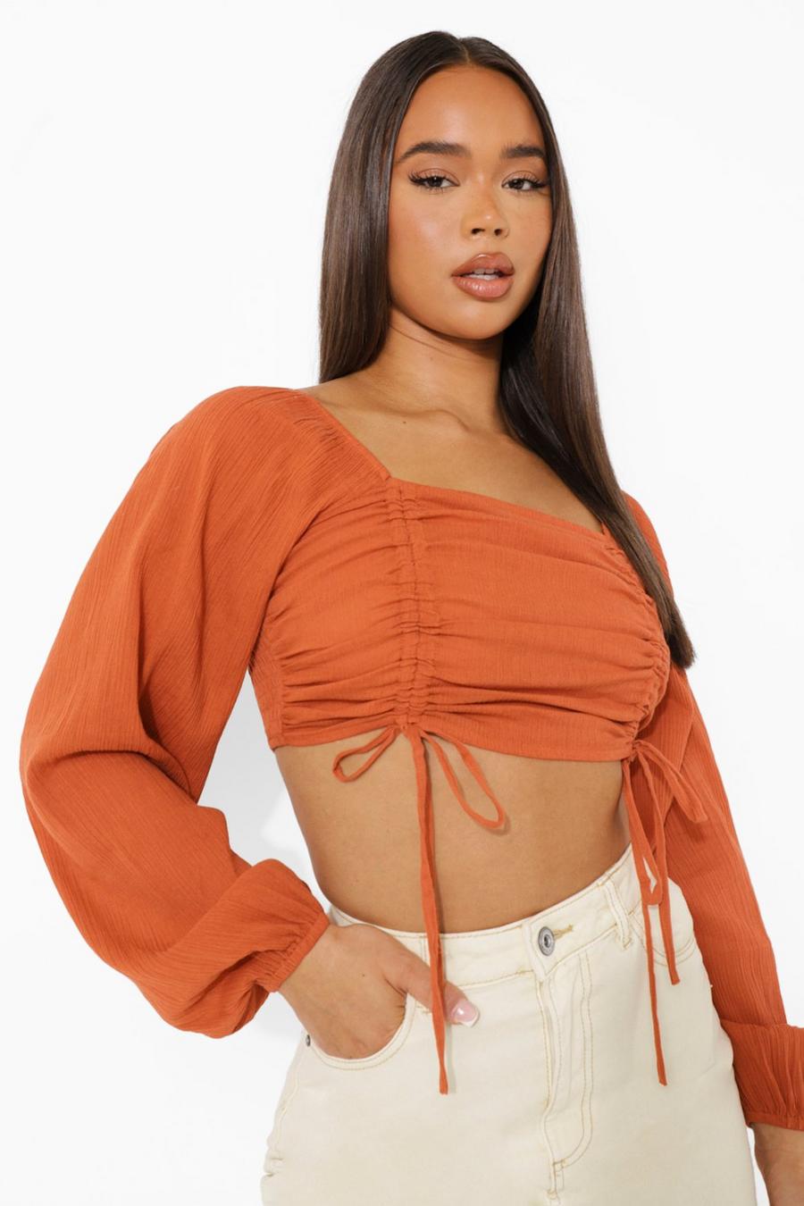 Rust Ruched Puff Sleeve Cheesecloth Top image number 1