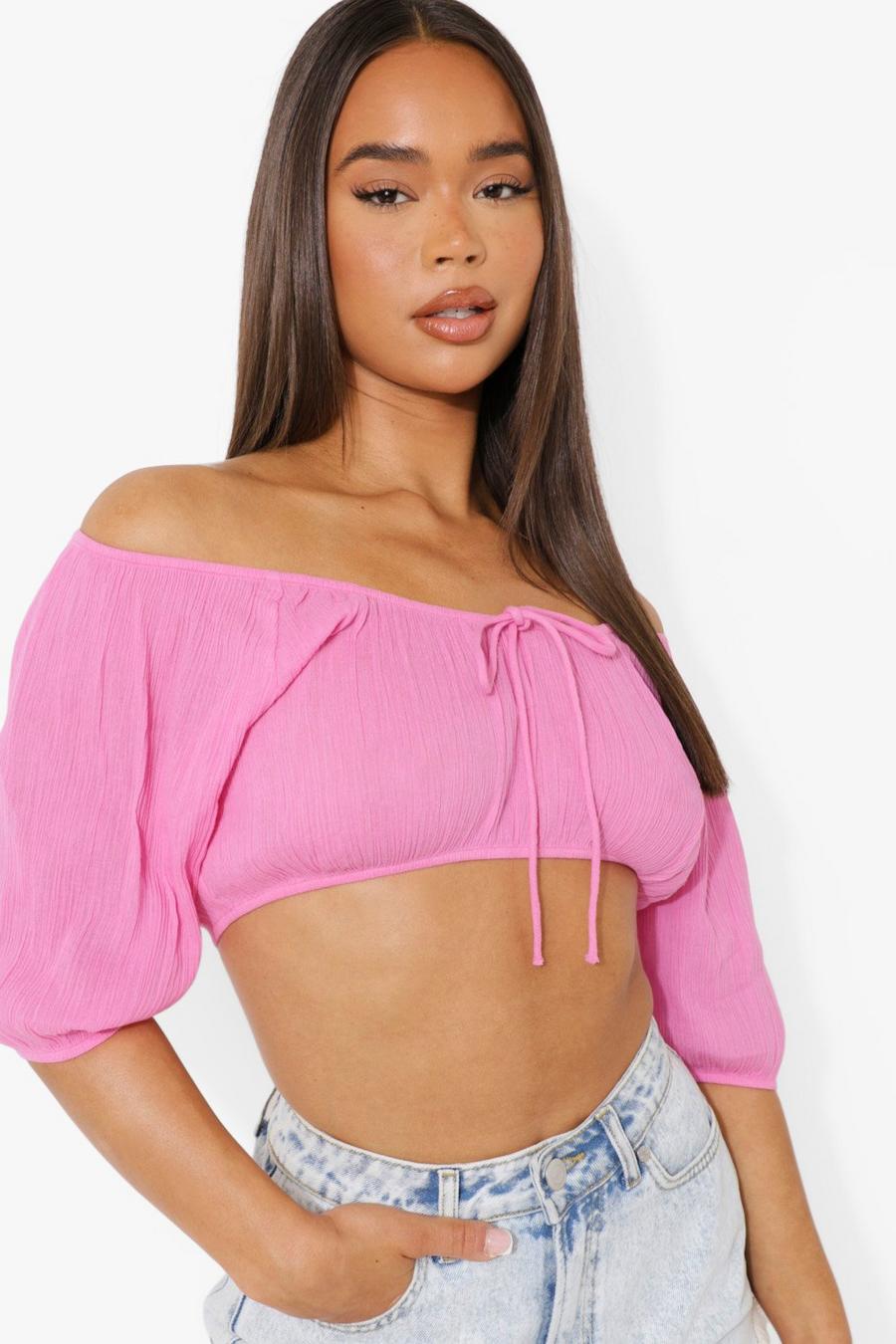 Pink Puff Sleeve Cheesecloth Bralet image number 1
