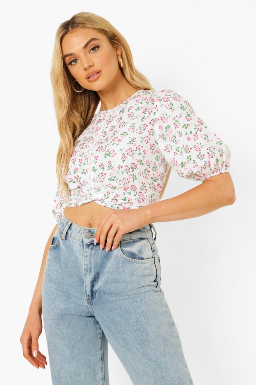 White Floral Open Back Puff Sleeve Top image number 1