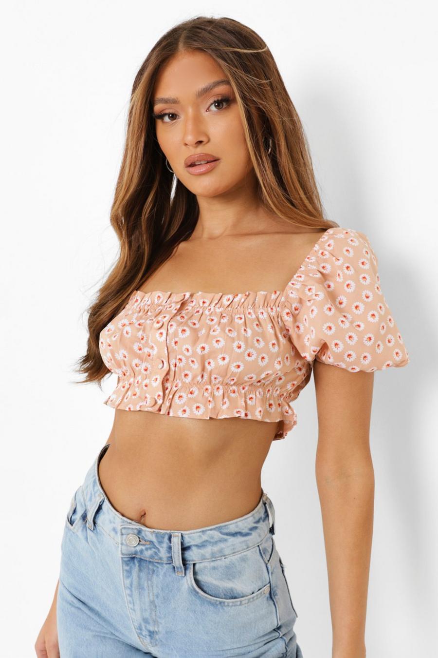 Mocha Puff Sleeve Floral Woven Crop Top image number 1