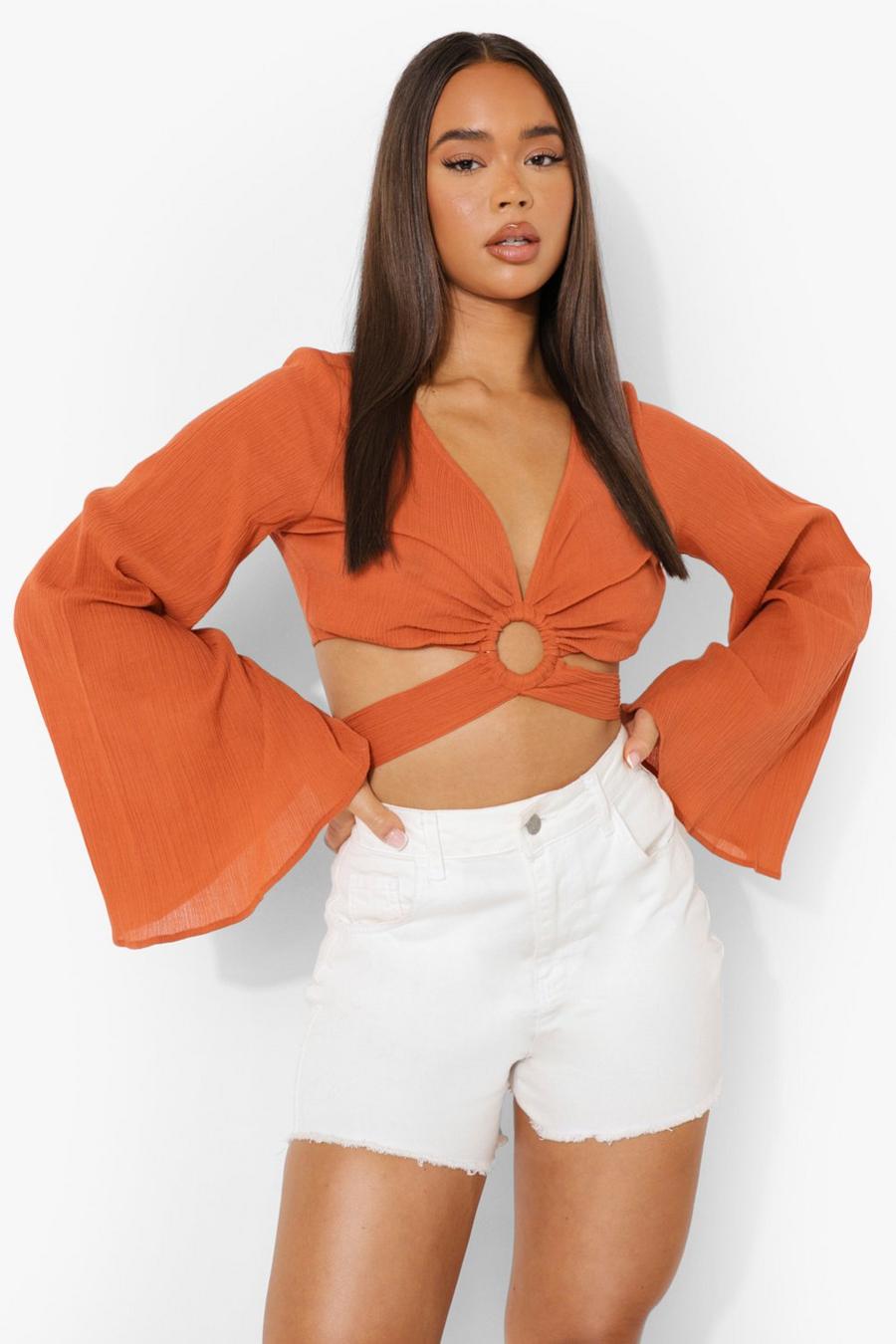 Rust O Ring Flared Sleeve Cheesecloth Crop Top image number 1