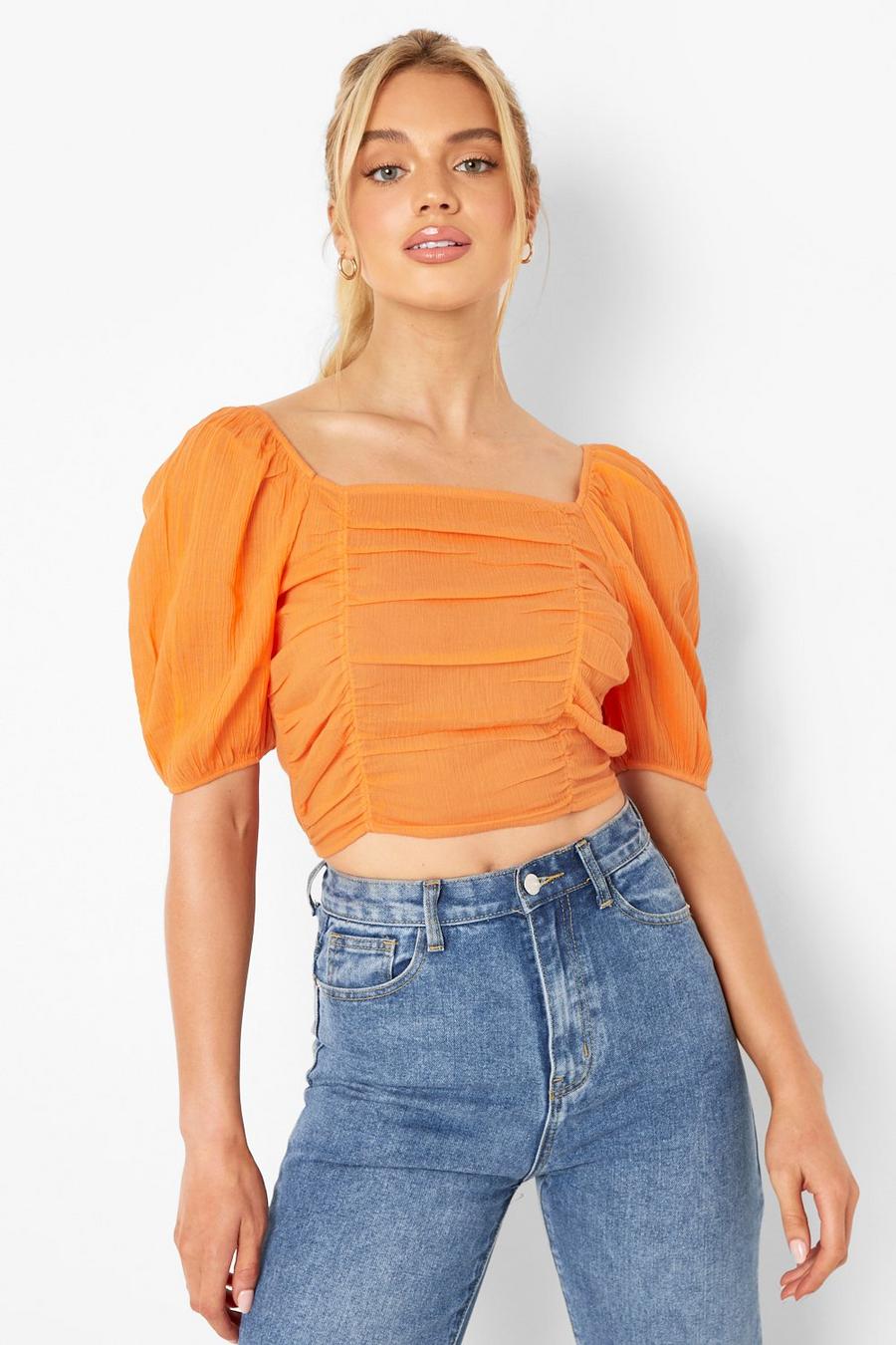 Orange Puff Sleeve Cheesecloth Ruched Top image number 1