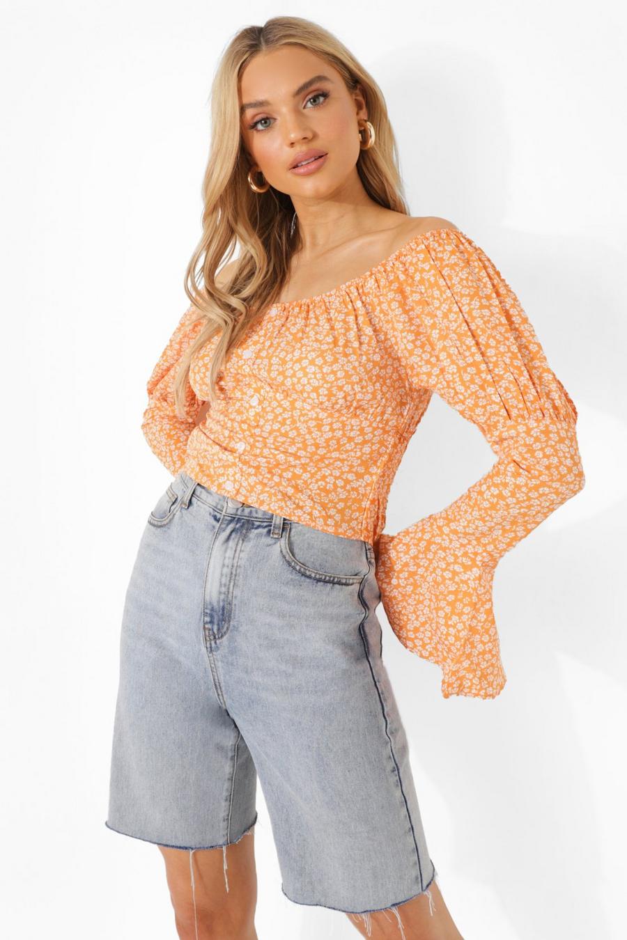 Brown braun Puff Sleeve Floral Off The Shoulder Top