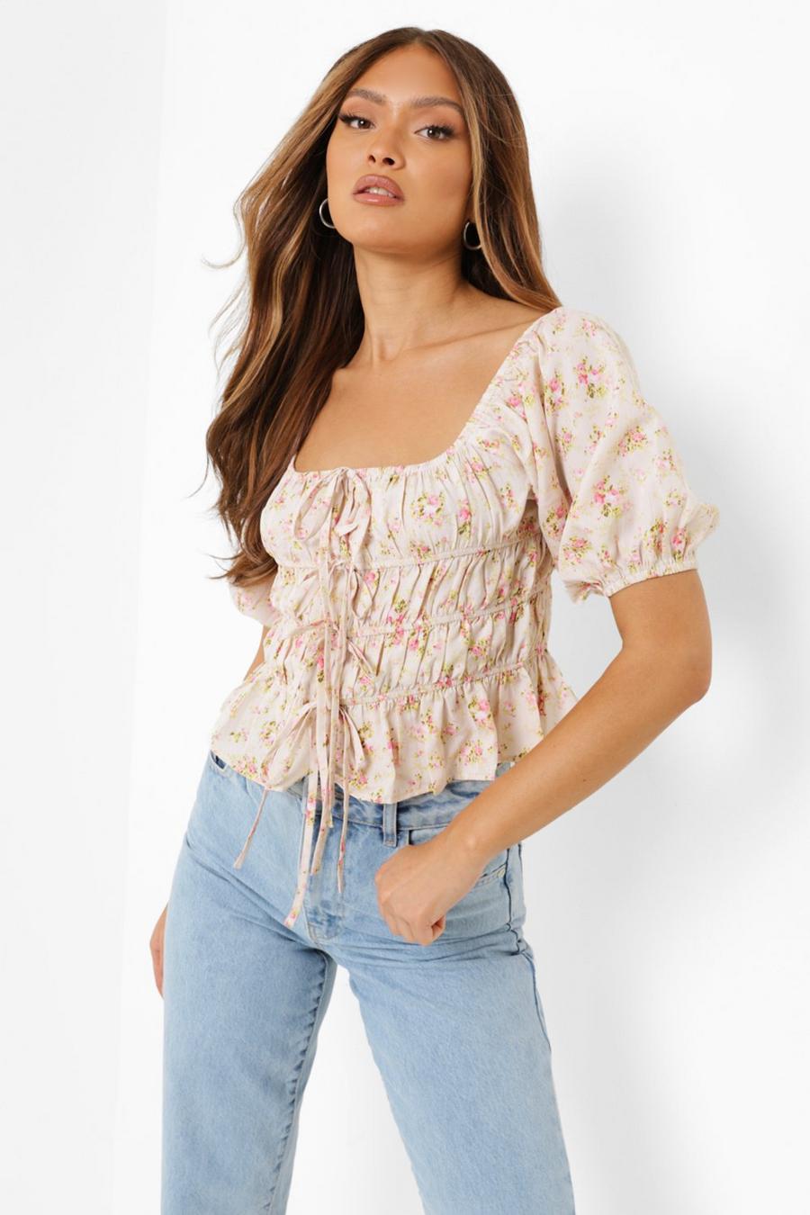 Cream Ruched Detail Floral Puff Sleeve Top image number 1