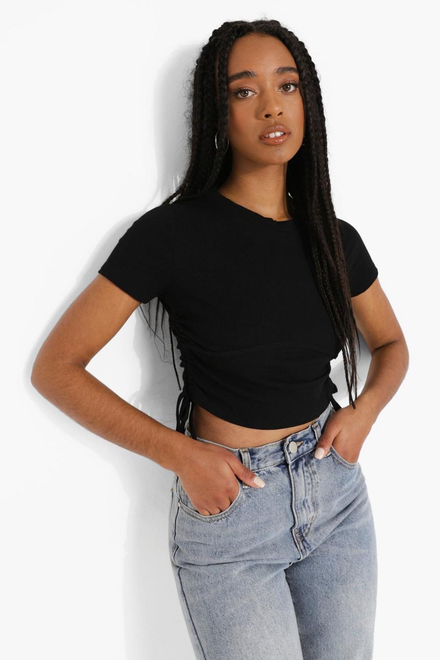 Black Ruched Knitted Crop Top image number 1