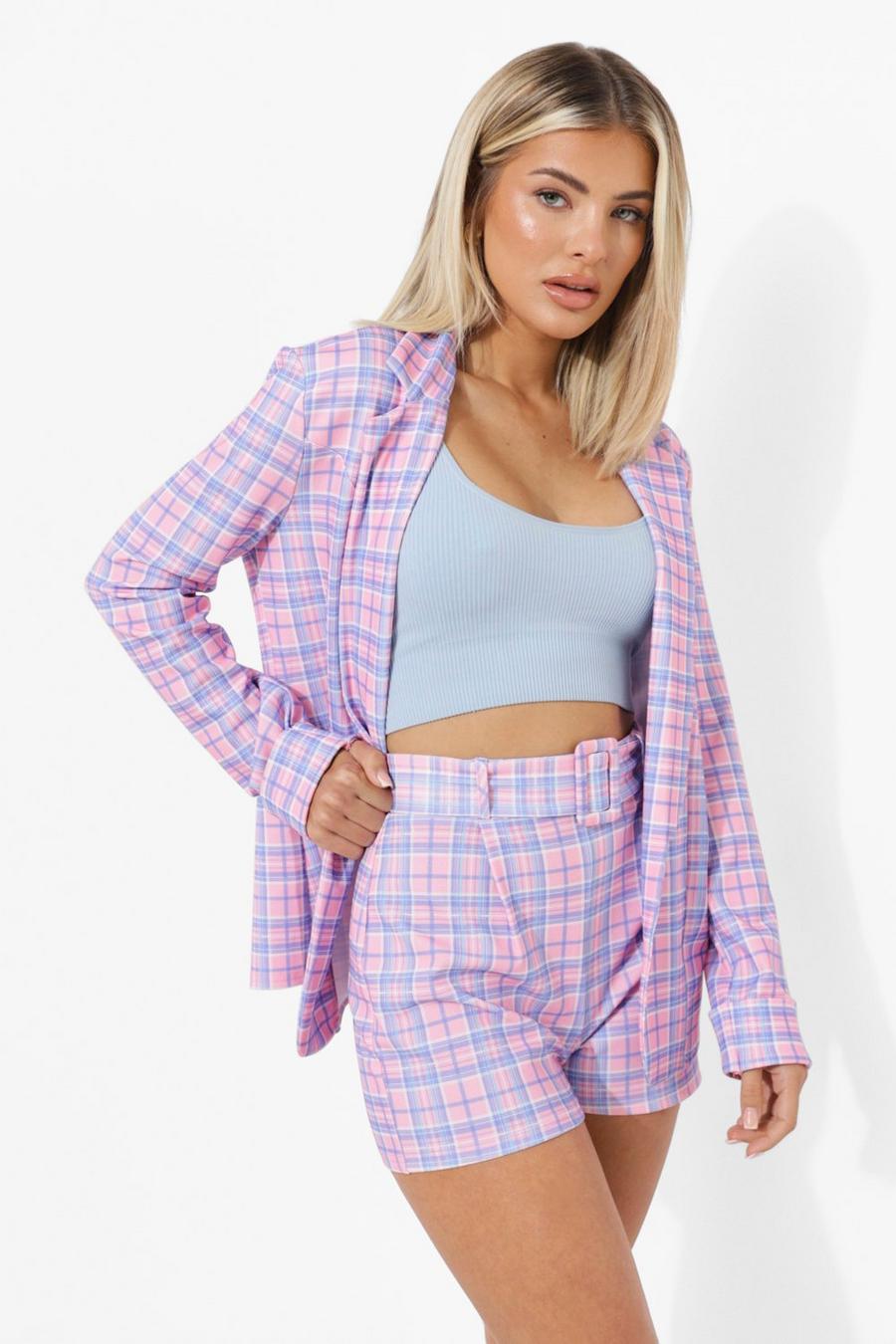 Pink Pastel Check Belted Tailored Shorts image number 1
