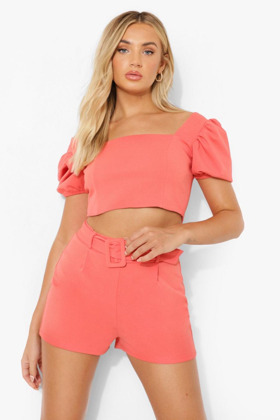 Coral Puff Sleeve Crop Top & Belted Shorts Set image number 1