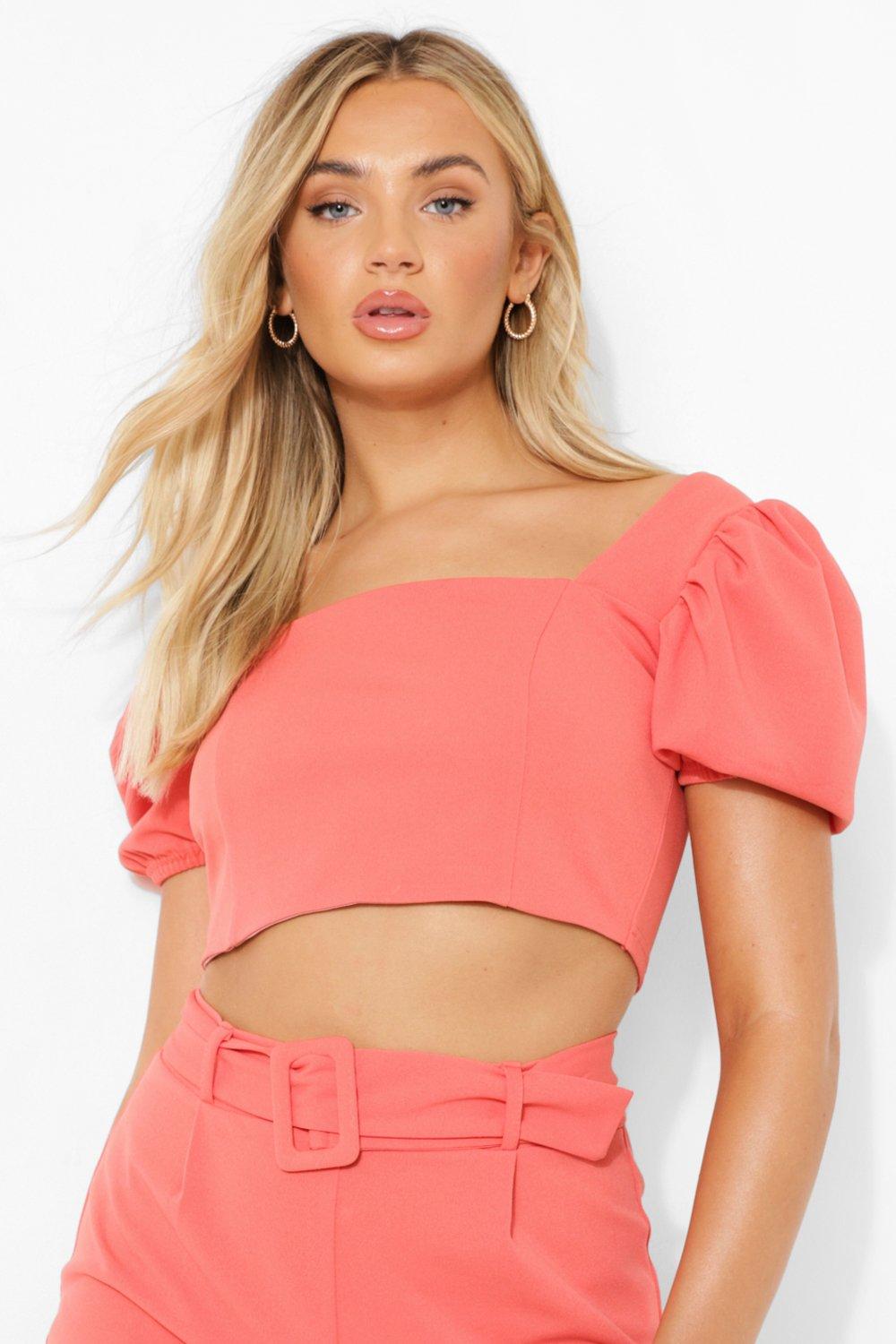 Puff Sleeve Crop Top in Coral