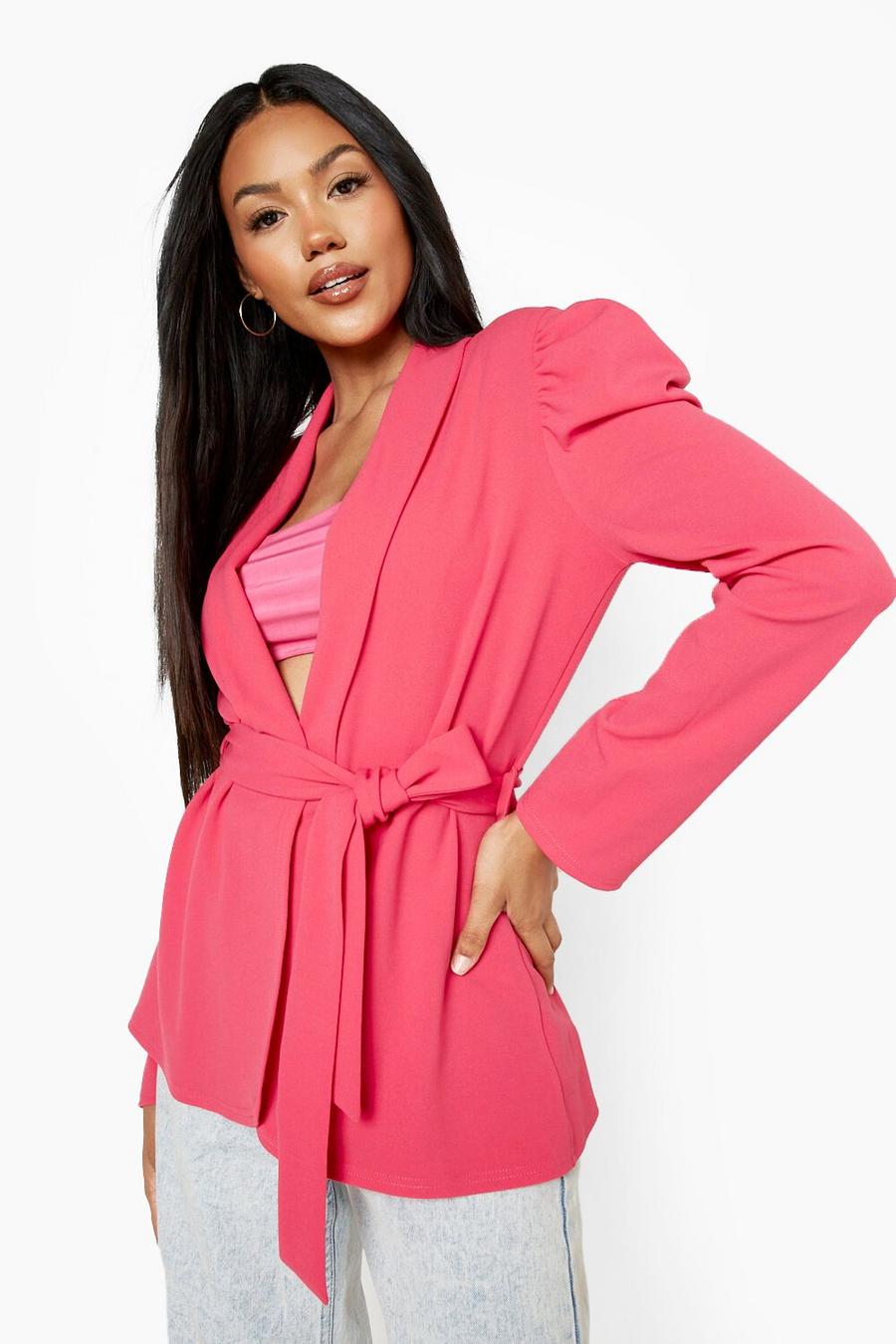 Hot pink Tailored Puff Sleeve Tie Waist Blazer image number 1