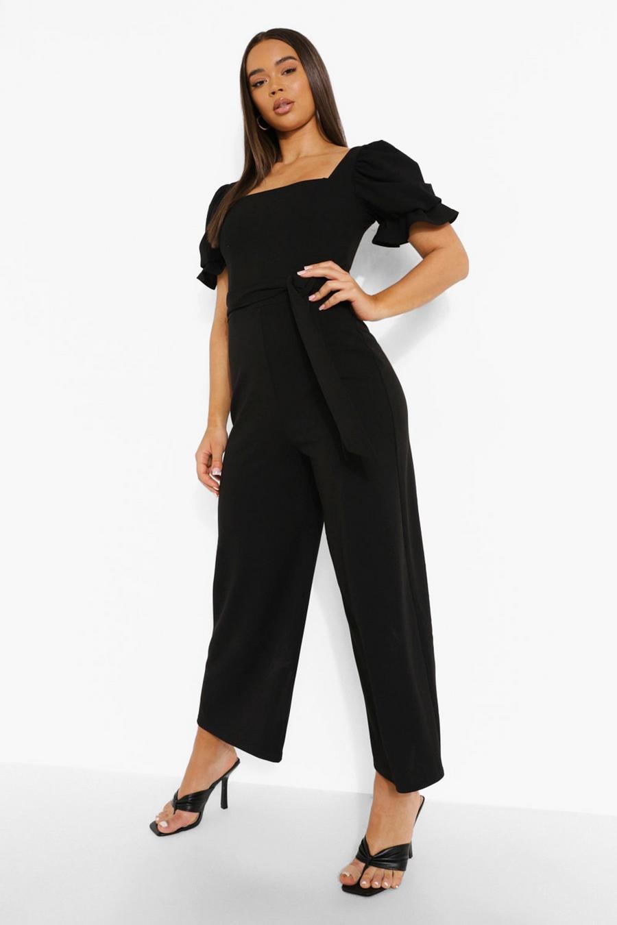 Black Puff Sleeve Square Neck Tailored Jumpsuit image number 1